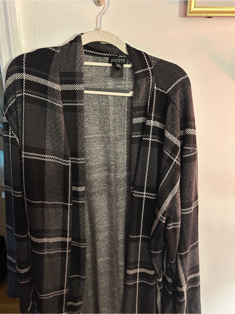 Enfocus Studio Black and Gray Plaid Open Cardigan